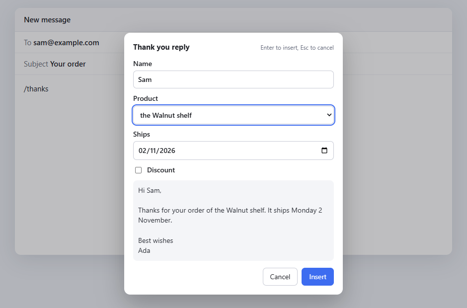 Typefill's fill-in box over an email, asking for a name, a product and a date before the reply goes in