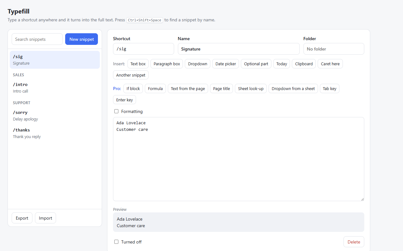 The Typefill snippet page with folders, a snippet being edited and a live preview
